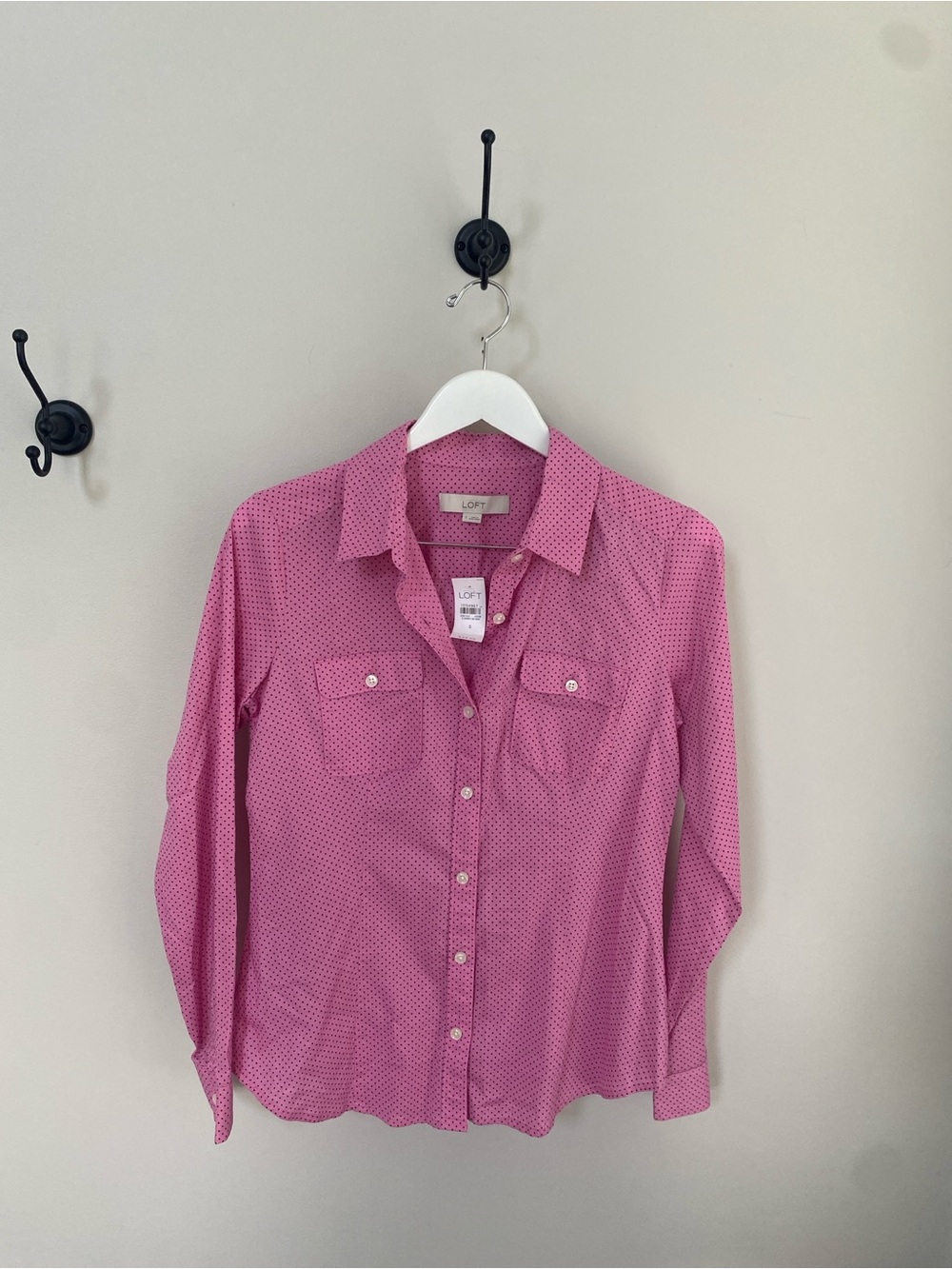 LOFT Pink Dot-Print Collared Button Shirt